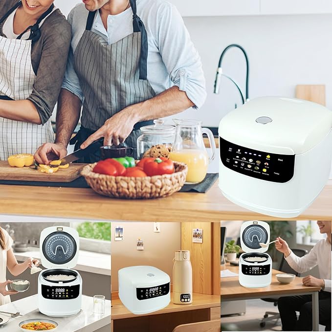 2L Mini Protable Rice Cooker,5 Cups Cooked/3 Cups Uncooked, 400W Non-Stick Rice Maker, 24 hours Timer Delay, 10 Functions, Fast Cooker,White
