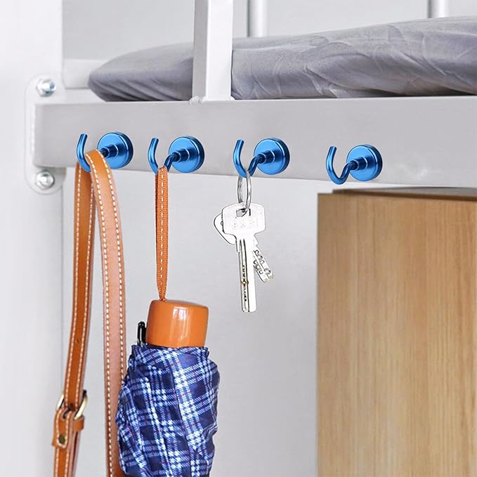 MIKEDE Magnetic Hooks Heavy Duty, 30LB+ Strong Magnets with Hook for Fridge, Neodymium Extra Strength Industrial Hooks for Hanging, Magnetic Hanger for Toolbox, Cruise, Grill(Blue,4 Pack)