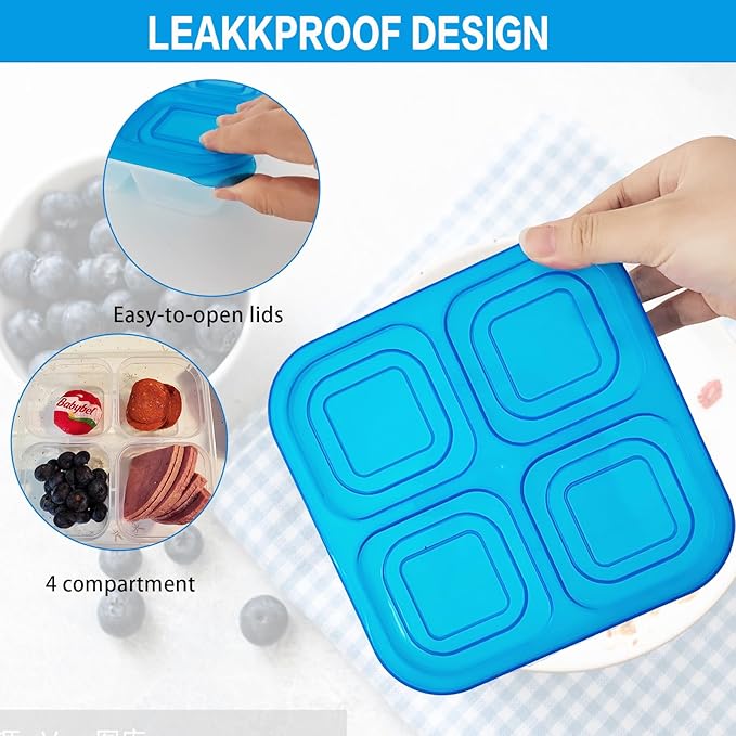 10 Pcs Multicolored Versatile Snack Boxes, 4-Compartment Lunch Containers, Reusable Food Containers with Lid for Travel, School, Work, Kids Adults