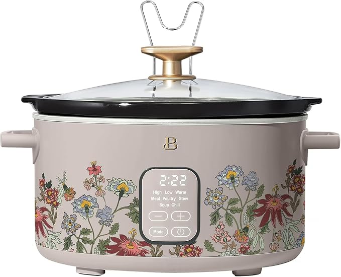 Beautiful 6 Qt Programmable Slow Cooker by Drew Barrymore - 5 Preset Cooking Functions, Digital Countdown Timer, Dishwasher-Safe Parts, and Cool-Touch Handles (Wildflower Porcini Taupe)