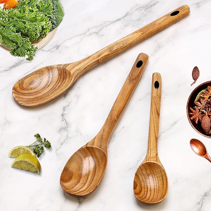 3 Piece Wooden Spoons for Cooking Spoon Set Wood Cooking Utensils Serving Spoon Kitchen Spatula Large Mixing Spoon Long Baking Ladle Bamboo Stirring Non Toxic Spoons Kitchen Tools Utensil