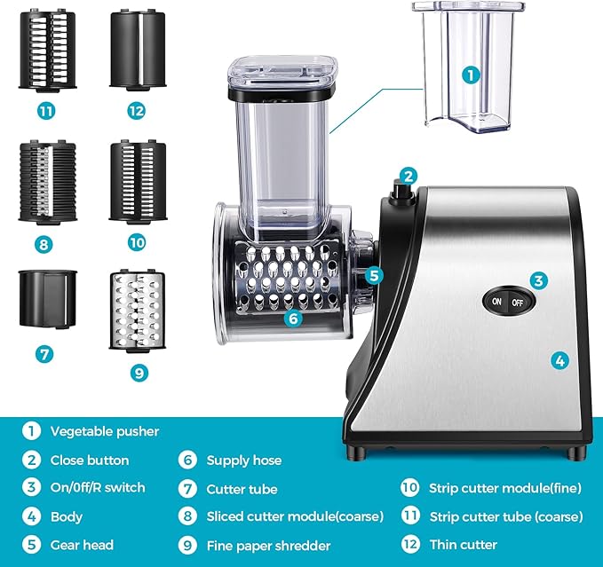 Electric Cheese Grater 250W Vegetable Slicer with 5 Different Shapes of Blades for Shredding/Slicing/Grating, Compact Automatic Cheese Shredder for Block Cheese, Carrots, Fruit, Nuts