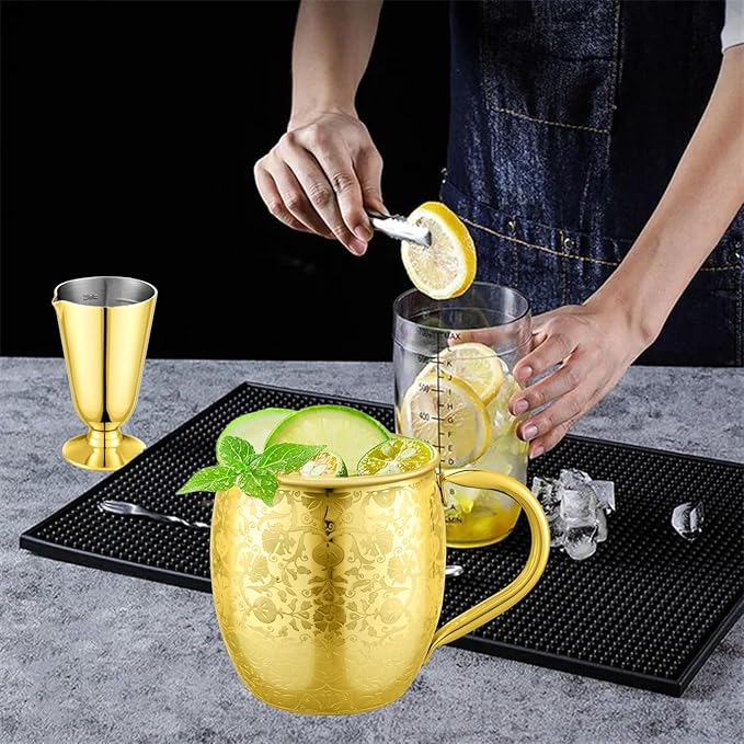 Moscow Mule Mugs - 18 Oz Copper-Plated Fine Craftsmanship Etched Mugs,304 Stainless Steel-Lined Mule Cups,For Cold Drinks, Beer, Wine, Bars, Parties