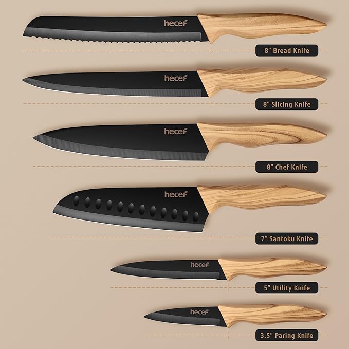 hecef Vintage Kitchen Knife Set of 6, Dishwasher Safe, Sharp Knives with Stainless Steel Blade, Lightweight Handle, Non-stick Coating Set Includes 7", 5", 3.5" Knives