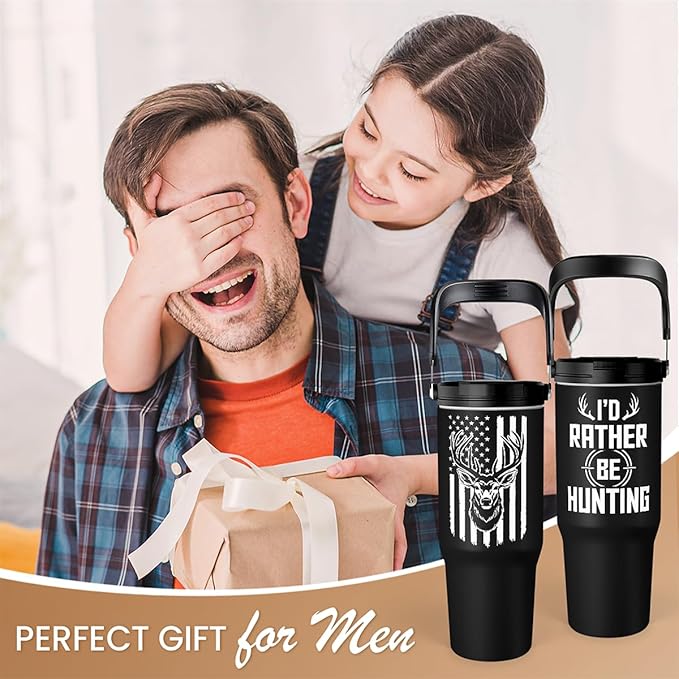 SANDJEST Hunting Gift for Men, Deer Hunting Tumbler with Handle, 30oz Flip Straw Stainless Steel Insulated Coffee Travel Cup, Gifts for Hunter Dad Grandpa on Birthday Christmas Fathers Day