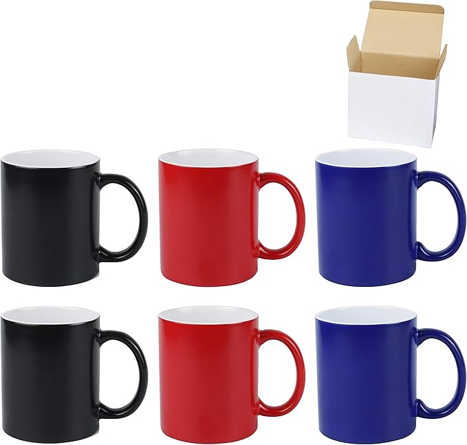 11oz Color Changeable Sublimation Mug 3 Assorted Colors of Black, Blue and Red, Packed in White Box, Case of 6