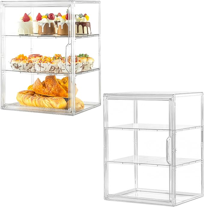 Attelite Pastry Display Case, Large Bread Box for Kitchen Countertop, 2 Pack 3 Layers Adjustable Clear Bread Storage with Magnetic Door, Bread Container for Bread, Bagel, Donut