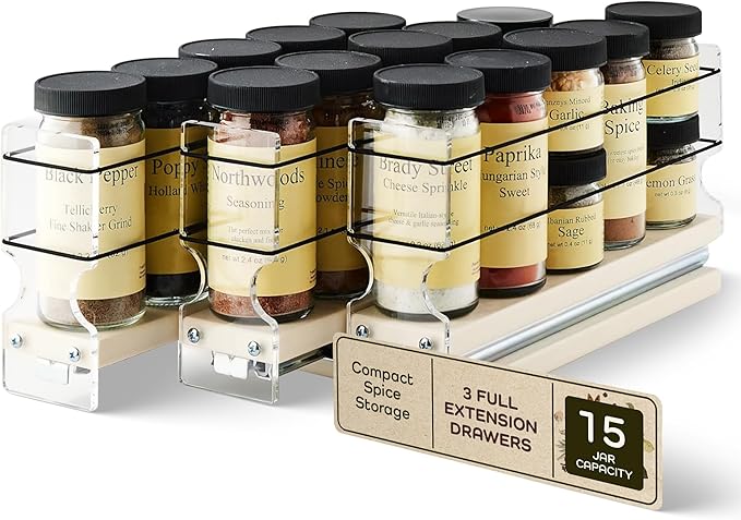 Vertical Spice Cabinet Mounted Spice Rack Drawer - Pull Out Cabinet Organizer - Cupboard Organizers & Storage - Pantry Shelves - 15 Regular Jars, 3 Drawers (6.9" W x 5.0" H x 10.6" D, Cream)
