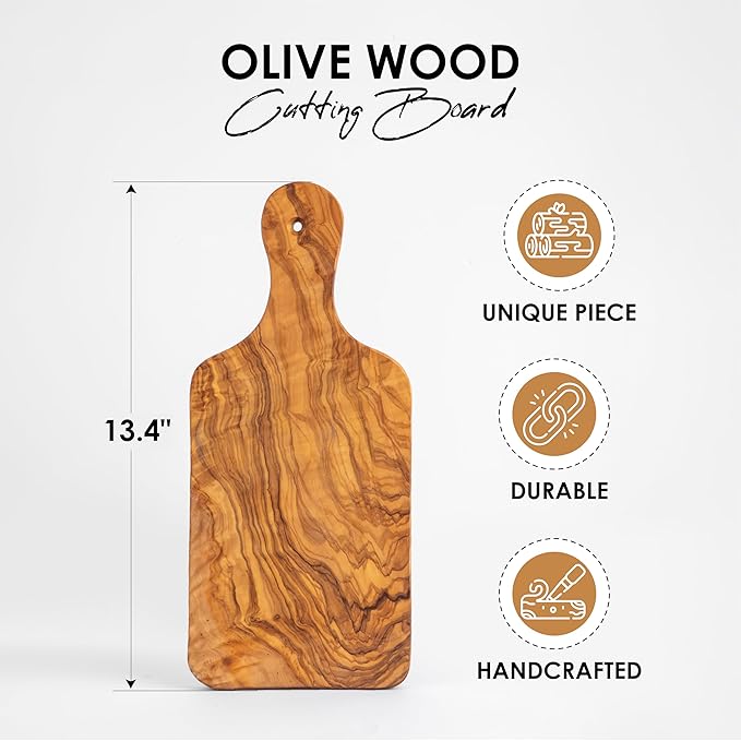 Olive Wood Cutting Board - 34cm (13.4") Large Chopping Board with Hanging Hole - Rustic Mediterranean Kitchen Board for Chopping, Slicing, and Serving - Durable Design with Beeswax Finish