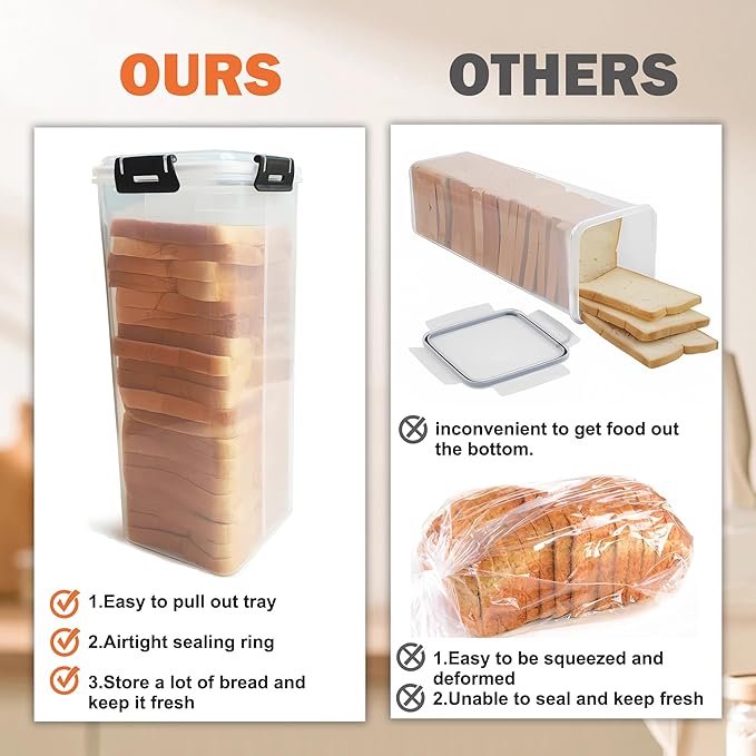 CZWL&HG Bread Storage Container with Drawer Tray,2 Pack Plastic Bread Box,Airtight Container for Homemade Loaves and Baked Goods, BPA Free Food Storage for Kitchen (Black - 2 Pack)