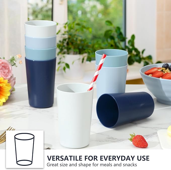 BEWOS 8 PCS 13.5 OZ Plastic Cups Set - BPA-Free Plastic Tumblers Cups Reusable, Unbreakable Drinking Cup, Lightweight Stackable Cups, Cup for Kitchen, Dishwasher/Microwave Safe