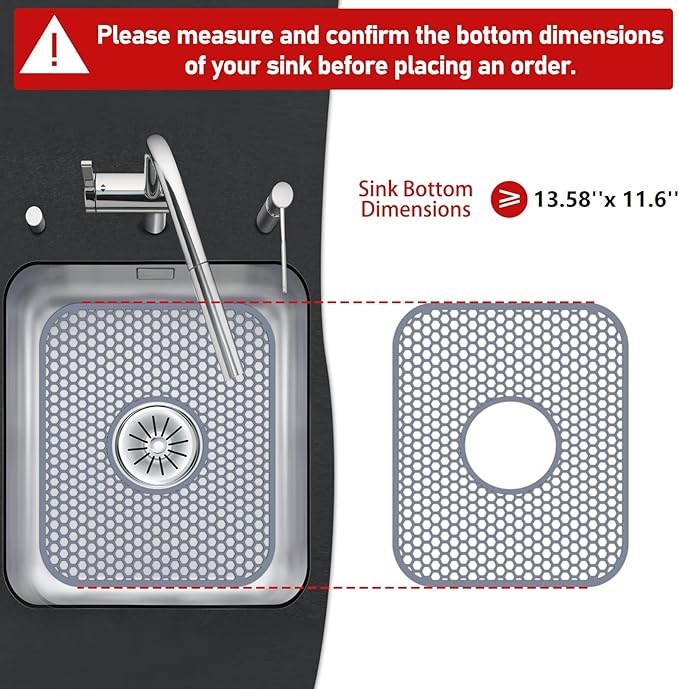 Silicone Sink Protectors for Kitchen Sink with Center Drain,13.58''x 11.6'' Folding Non-Slip Heat Resistant Mat Grid for Bottom of Porcelain Stainless Steel Porcelain (Center Hole)