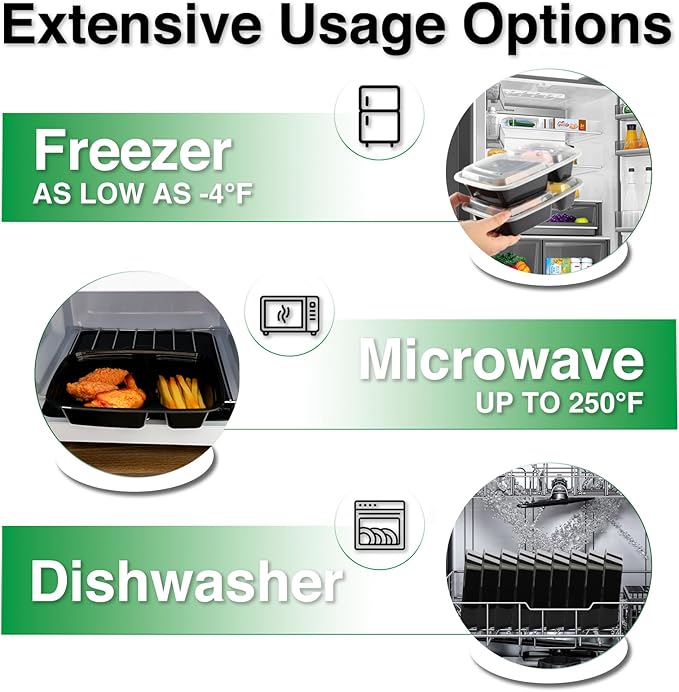 Meal Prep Containers 2 Compartment 30 Pack, 26 oz Divided Reusable Food Storage Containers with Lids Takeout Food Storage Containers Black, Microwave Dishwasher Freezer Safe, Stackable, BPA Free
