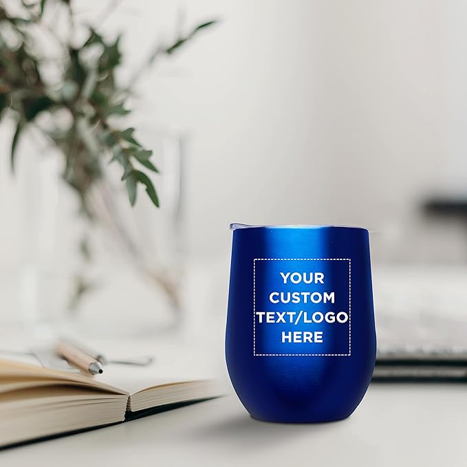 Custom Stemless Wine Glass Tumblers with Lids by Largo 11 oz. Set of 6, Personalized Bulk Pack - Perfect for Wine, Cocktails, Other Hot & Cold Beverages - Blue