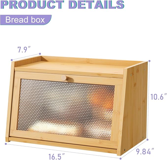 Large Farmhouse Bread Box with Window - Natural Wood Bread Storage Container for Kitchen Countertop