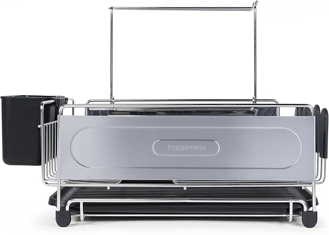 happimess DSH1000A Compact 17.25' Fingerprint-Proof Stainless Steel Dish Drying Rack, Dish Rack with Wine Glass Holder, Utensil Holder, Stainless Steel/Black, Silver/Black