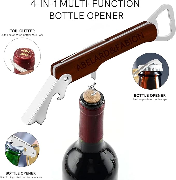 Custom Wine Bottle Opener, 2PCS Personalized Corkscrew Wine Opener, Double-sided Laser Engrave Wooden Beer Bottle Opener, Multitool Beer Can Opener for Wedding Party Favors Promotional Items (Sapele)