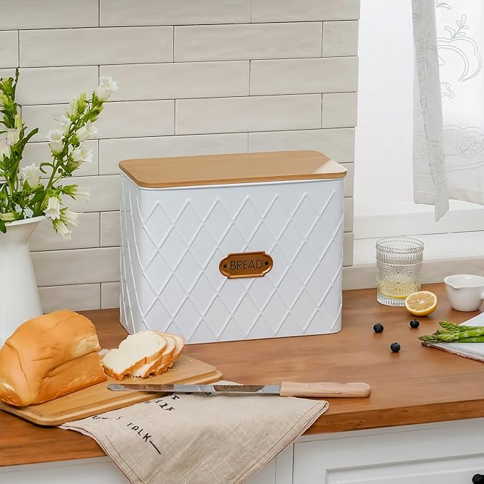 Extra Large Bread Box for Kitchen Countertop Corner Breadbox for Homemade Bread Metal White Rhombus Pattern Embossed Storage Container Bin with Bamboo Lid Fits 2 Loaves of Bread