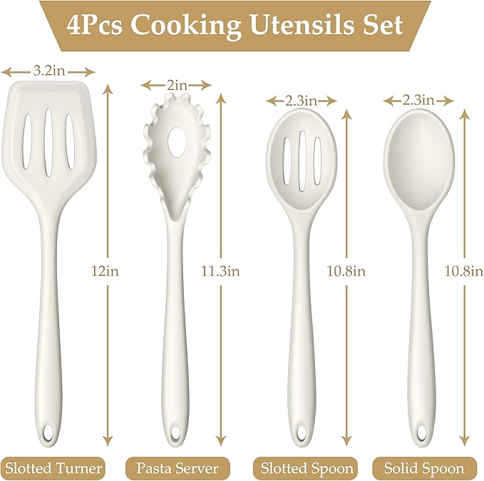 LIANYU 4Pcs Silicone Utensils, Kitchen Cooking Utensils Set, Kitchen Tools with Spoon, Turner, Pasta Server, Heat Resistant Cooking Gadgets for Non-stick Cookware, Dishwasher Safe, White