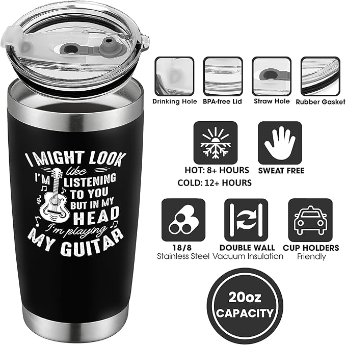 Guitar Gifts - Music Gift for Men, Musicians - Ideas for Guitar Lovers, Players, Guitarists - 20 Oz Stainless Steel Tumbler