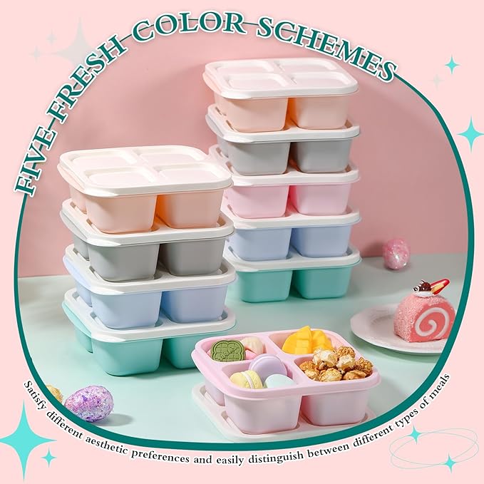 Honeydak 10 Pack Snack Container 4 Compartment Reusable Bento Snack Boxes Divided Lunchable Containers with Lids Meal Prep Lunch Food Storage Boxes for School Work Travel (Macaroon Color)