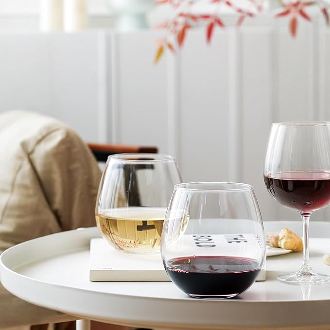 Stemless Wine Glasses Set of 6, 15oz Red & White Wine Glasses for Daily Use, Wedding, Birthdays, Housewarming Gift, Hosting, Home Bar, Evening Party(Clear)