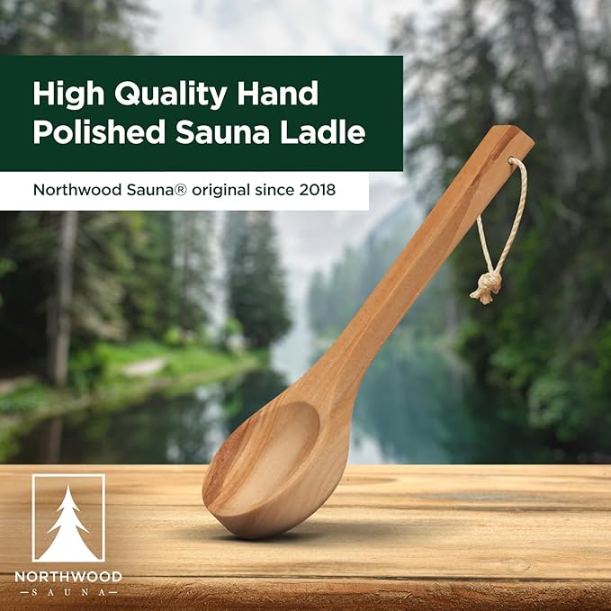 Sauna Ladle - Handmade from Canadian Red Cedar Wood - Natural Rope - 14″ Handle & 3.4 oz (100 mL) Capacity Spoon