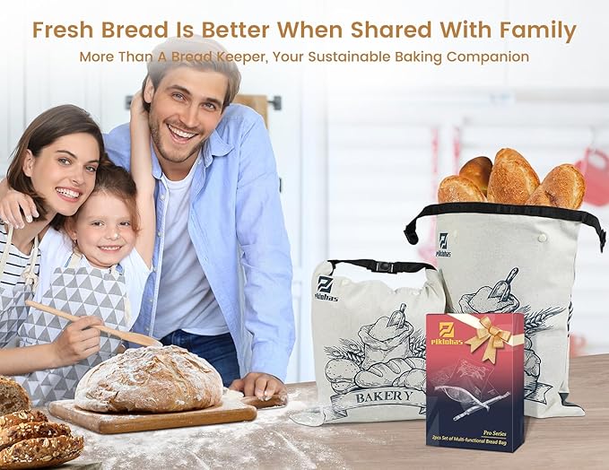Sour Dough Bread Bags, 2 Sets Detachable Bread Storage for Homemade Sourdough, Reusable Linen Food Storage with Lining & Triple Lock for Fresh Keeping, BPA Free, Christmas Bread Maker Gifts