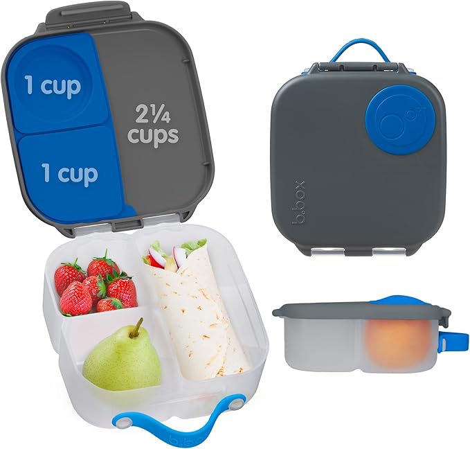 b.box Mini Lunch Box, Bento Box for Kids, Snack Container with 2 Leak Proof Compartments, Reusable Snack Containers with Lids, Kids Lunch Boxes Ages 3+, BPA Free, 4 1/4 Cup Capacity (Blue Slate)