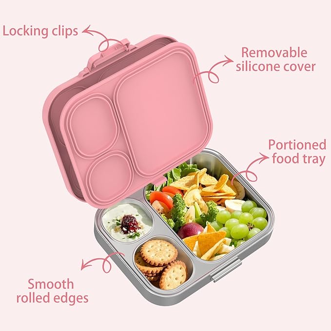 Stainless Steel Kid Lunch Box, Leak-Proof with free sealing Bento Box 3 Compartments Pink Girl