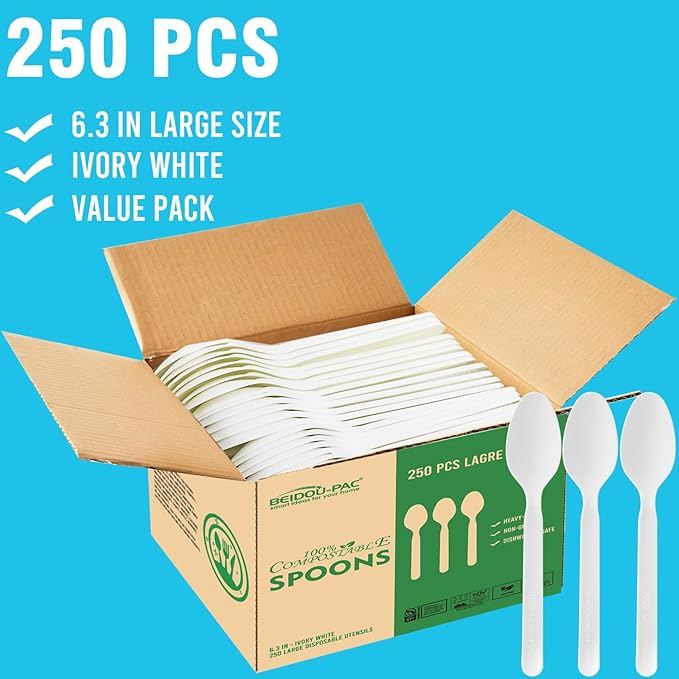 Compostable Spoons 250 Count, 7 In Large Disposable Biodegradable Flatware, Eco Friendly Durable Heat Resistant Cutlery Silverware Alternative to Plastic Spoons, BPI Certified