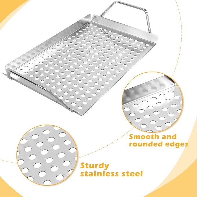 11 x 7 Inch Nonstick Grill Tray with Handles,Perforated Stainless Steel Grill Pans for Outdoor Grill,Heavy Duty Grilling Accessories for Charcoal Gas Grills,Easy to Use and Clean