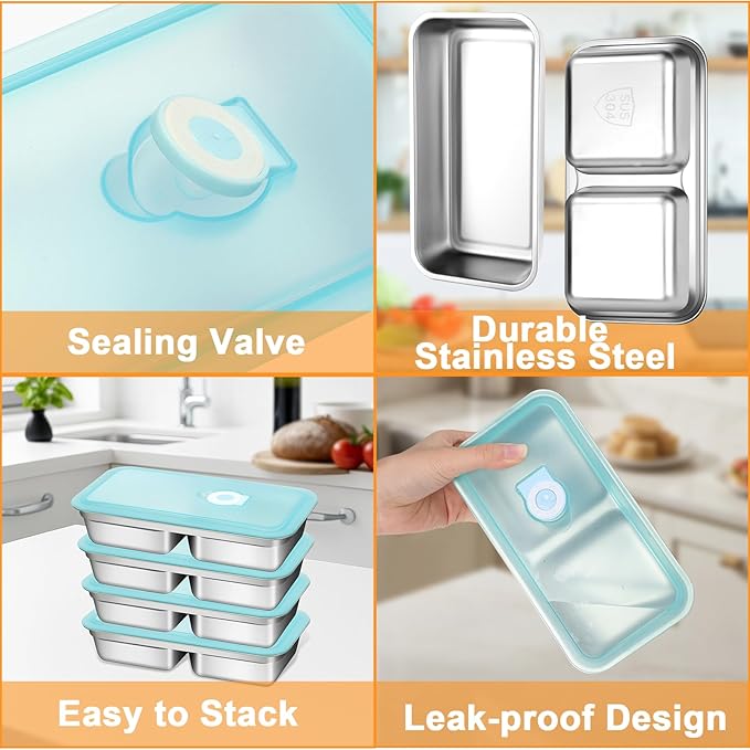 Stainless Steel Snack Containers with Lids, Reusable Bento Lunch Container Box, Food Storage, Leak Proof, Dishwasher-Safe, Grab and Go for Work, 1 Single + 1 Double Compartment