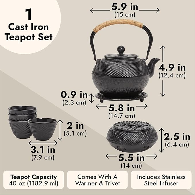 Juvale Tea Kettle Stovetop Japanese Cast Iron Tetsubin - 40 oz, Black - Cast Iron Tea Set & Teapot with Loose Leaf Infuser, Warmer & 4 Cups, Trivet