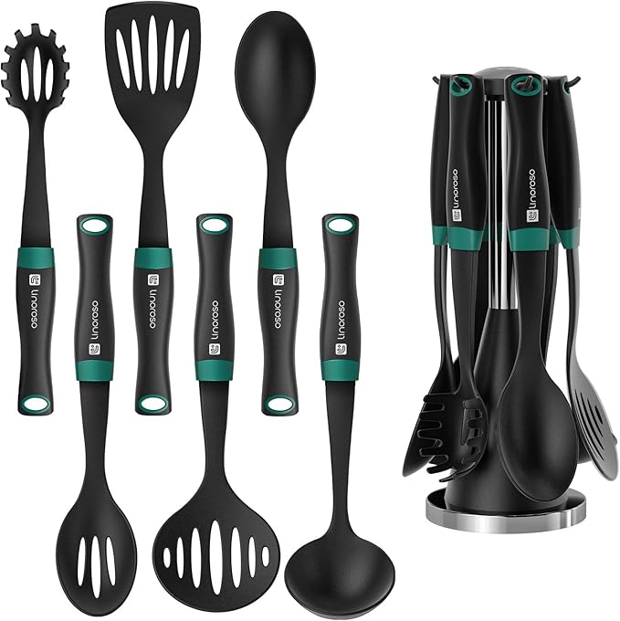 Linoroso Nylon Cooking Utensils Set, 7 Pieces Elevate Kitchen Utensil Set with Exquisite Rotating Stand, Innovative Weighted Handle, Easy to Clean, Black & Peacock Green (BPA Free, Non Toxic)