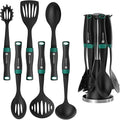 Linoroso Nylon Cooking Utensils Set, 7 Pieces Elevate Kitchen Utensil Set with Exquisite Rotating Stand, Innovative Weighted Handle, Easy to Clean, Black & Peacock Green (BPA Free, Non Toxic)