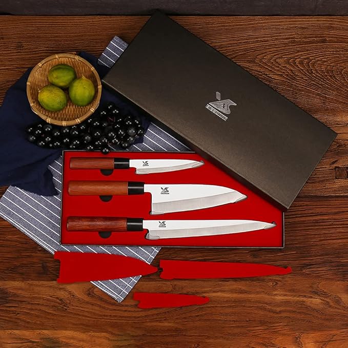 MSY BIGSUNNY 3pcs Sashimi Knives Set - Sushi Knife Set (3 in 1) - Stainless Steel - Brown
