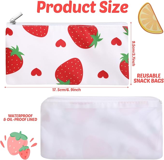 Chumia 6 Pcs Reusable Snack Bags Christmas Gifts Food Safety Washable Snack Bags Lunch with Zipper Portable Sandwich Bag Food Storage Pouch Double Layer(Fruit,6.9 x 3.7 Inches)