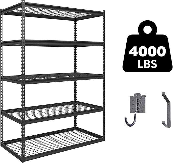 The Atlas 48" W x 24" D x 72" H Adjustable Garage Storage Shelves Load 4000 lbs, 5 Tier Heavy Duty Shelving Unit, Metal Utility Storage Rack for Warehouse Pantry Basement Kitchen, Black