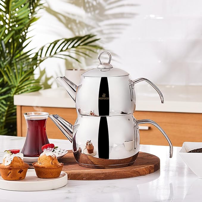 Karaca Belinay Teapot Set Medium Silver, 18/10 Stainless Steel, Teapot/Lid (1 lt, 2.2 lb), Tea Kettle (1.6 lt, 3.5 lb), Suitable for Induction, 2 Years Warranty
