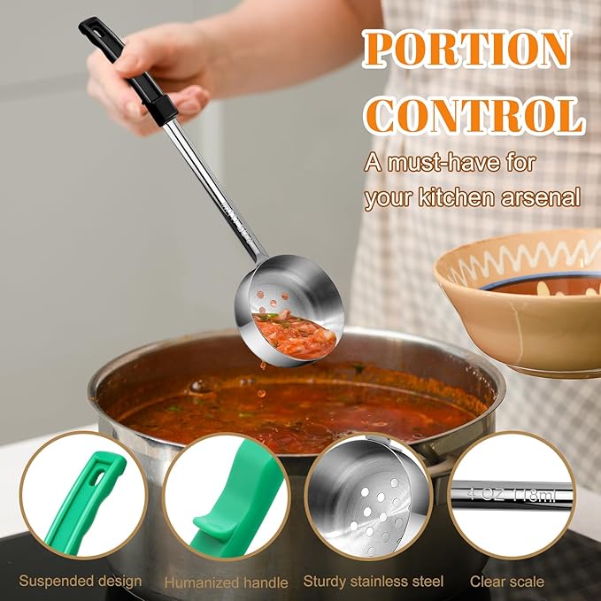 Stainless Steel Perforated Portion Control Ladle Spoon - Pizza Sauce Serving Spoons Portion Ladle for Sauces, Perfect for Weight Watchers, Buffets, Parties，2 oz 4oz 6oz 8oz Color Handles Spoodle