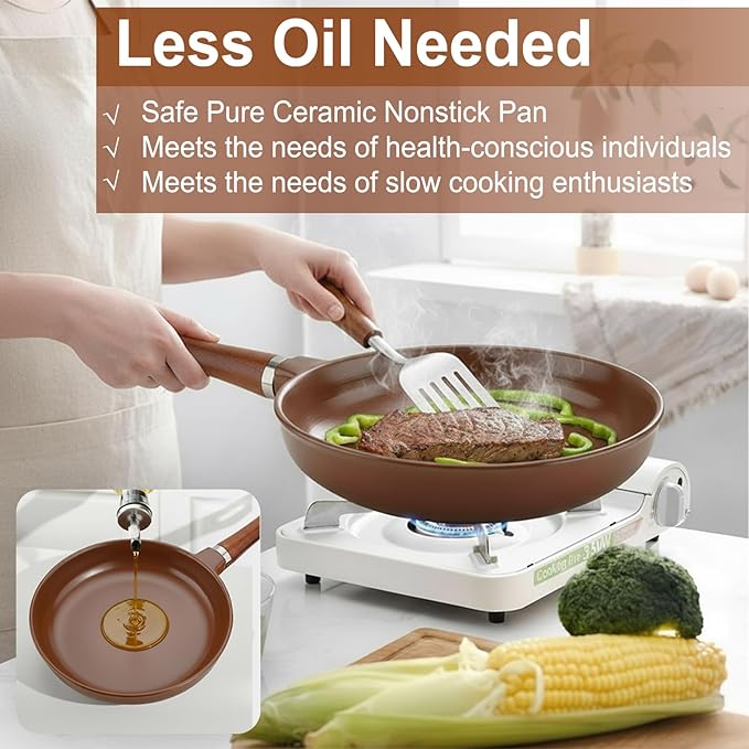 Pure Ceramic Frying Pan, Nonstick 10 Inch Ceramic Skillet (Crafted From Natural Clay Minerals Through Firing), PFAS-Free, Non Toxic/No Coatings Cooking Pan, Induction Pan (Brown)