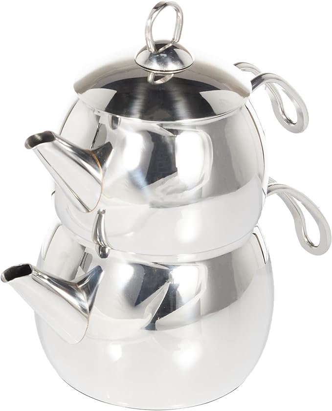 Karaca Belinay Teapot Set Medium Silver, 18/10 Stainless Steel, Teapot/Lid (1 lt, 2.2 lb), Tea Kettle (1.6 lt, 3.5 lb), Suitable for Induction, 2 Years Warranty