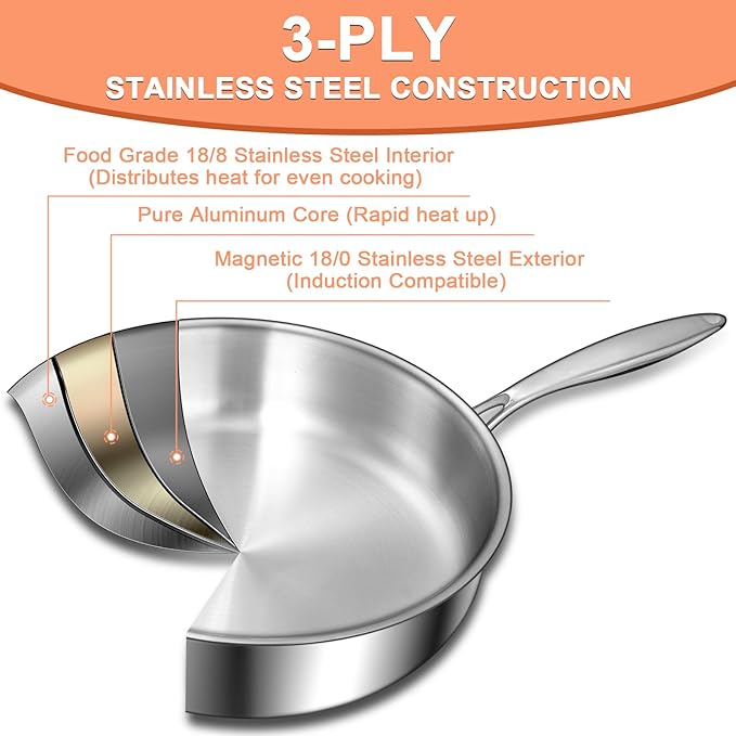 EWFEN 12 Inch Tri-Ply Stainless Steel Frying Pan, Deep Frying Pan with lids, Compatible with All Cooktops Up to 600℉, Induction Cooking Pan, Dishwasher and Oven Safe, Fast & Even Heat