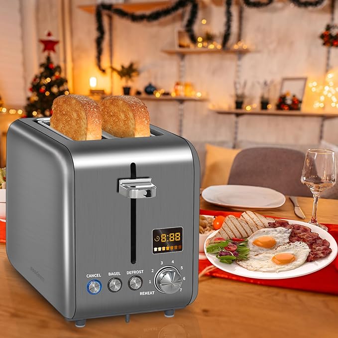 SEEDEEM Toaster 2 Slice, Stainless Steel Bread Toaster LCD Display, 7 Shade Setting, 1.4'' Wide Slots, Bagel/Defrost/Reheat Functions, Removable Crumb Tray, 900W, Dark Metallic