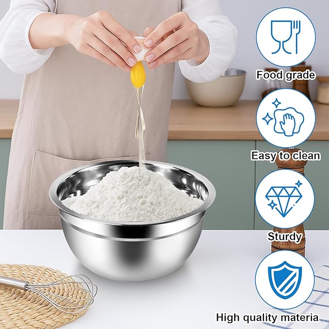 5 Pack Mixing Bowls with Lids, Stainless Steel Mixing Salad Bowls, Metal Nesting Bowl, Stackable Salad Serving Bowl for Kitchen Cooking Baking Prepping, Size 4.5, 2.5, 1.5, 1, 0.75QT, Black