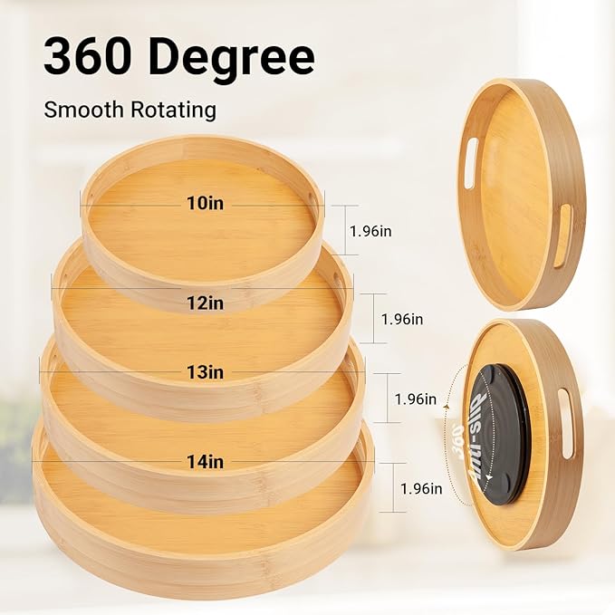 13in Bamboo Lazy Susan Pantry Organizer and Storage for Countertop and Spice Organization for Cabinet Round Rotating Serving Tray Turntable Seasoning Organizer for Kitchen Table Top (Bamboo-2, 13in)