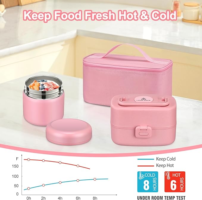 Bento Lunch Box with 8oz Soup Thermo, Kids Sustainable Bento Box Leakproof Lunch Food Containers with Lunch Bag, Kids Thermo Insulated Hot Food Jar for School, Trvael (Pink)