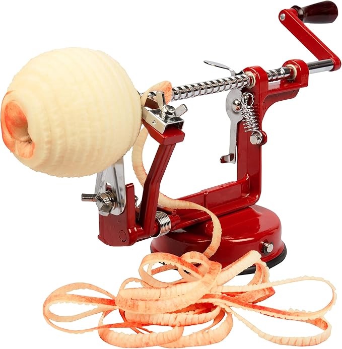 Apple Peeler and Corer - Durable Heavy Duty Chrome Cast Iron w Powerful Countertop Suction, Hand Crank for Fruits, Potatoes or Veggies, Picking Season- Holiday Pie Dessert Baking, Must Have Xmas Gift