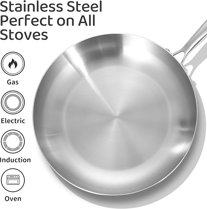 LOLYKITCH 10 Inch Tri-ply Stainless Steel Frying Pan with Lid,Skillet,Induction Cooking Pan,Dishwasher and Oven Safe,Detachable Handle.